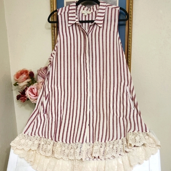 TShirt Dress Striped Sleeveless with Lace Hem Pockets Summer Beach Vacation - Picture 1 of 10